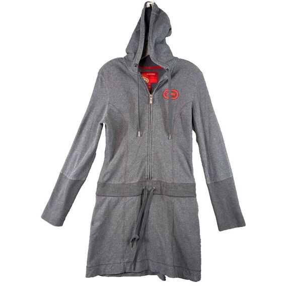ECKORED Hooded Sweatsuit Mini Dress Sz Medium Zip Drawstring Long Sleeve Stretch - Picture 1 of 10